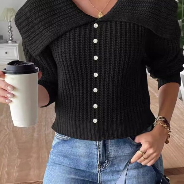 Short Beaded Lapel Sweater In Soft Knit