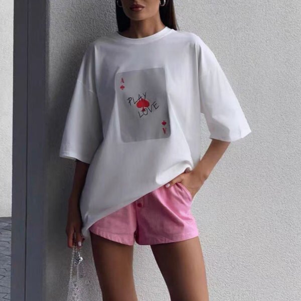 Oversized Cotton Blend Tee With Ace Card Print