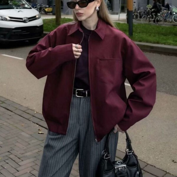 Oversized Zip Up Jacket Structured Polyester Burgundy