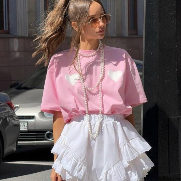 Oversized Cotton Tee With Heart Patches